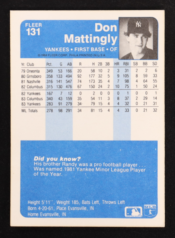 Don Mattingly 1984 Fleer #131 RC at PristineAuction.com Don Mattingly 1984 Fleer #131 RC at PristineAuction.com