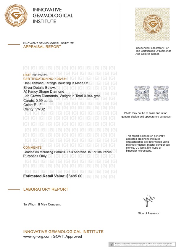NEW 0.99 CTW Lab Diamonds Earrings E-F, VVS2 | Estimated Retail Value: $5,485 (IGI) at PristineAuction.com NEW 0.99 CTW Lab Diamonds Earrings E-F, VVS2 | Estimated Retail Value: $5,485 (IGI) at PristineAuction.com