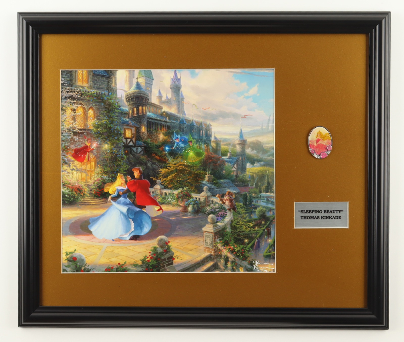 Thomas Kinkade "Sleeping Beauty" Custom Framed Print Display with Princess Aurora Pin at PristineAuction.com Thomas Kinkade "Sleeping Beauty" Custom Framed Print Display with Princess Aurora Pin at PristineAuction.com