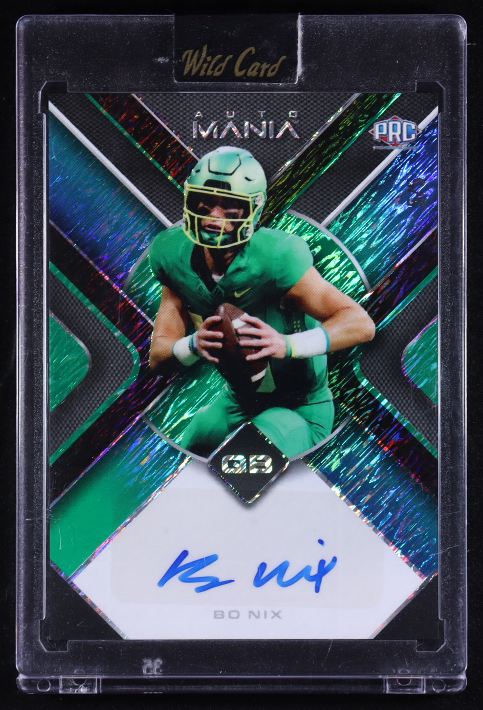 Bo Nix 2023 Wild Card Auto Mania Triangle Autographs Blue Green Shimmer #AMTRA RC #5/5 at PristineAuction.com Bo Nix 2023 Wild Card Auto Mania Triangle Autographs Blue Green Shimmer #AMTRA RC #5/5 at PristineAuction.com