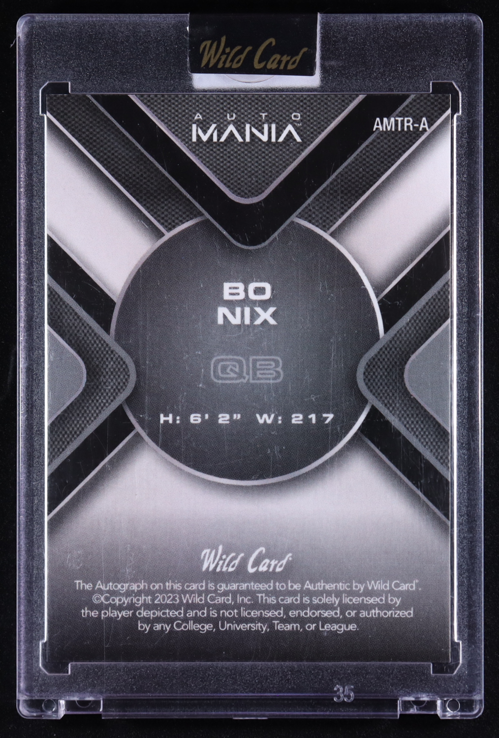 Bo Nix 2023 Wild Card Auto Mania Triangle Autographs Blue Green Shimmer #AMTRA RC #5/5 at PristineAuction.com Bo Nix 2023 Wild Card Auto Mania Triangle Autographs Blue Green Shimmer #AMTRA RC #5/5 at PristineAuction.com