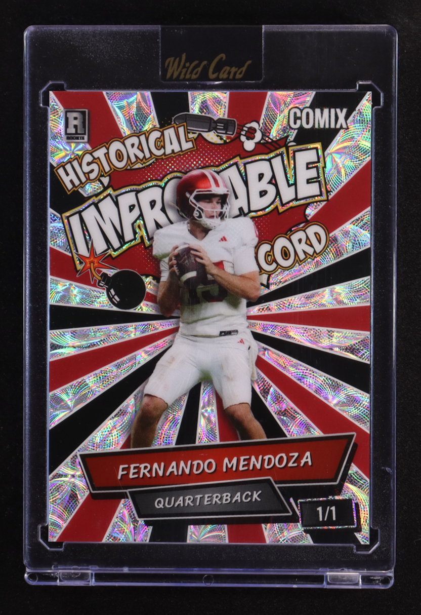 Fernando Mendoza 2025 Wild Card Alumination Comix Improbable Record Red and Black Silver Scope #ACBL-FM05 #1/1 RC at PristineAuction.com Fernando Mendoza 2025 Wild Card Alumination Comix Improbable Record Red and Black Silver Scope #ACBL-FM05 #1/1 RC at PristineAuction.com