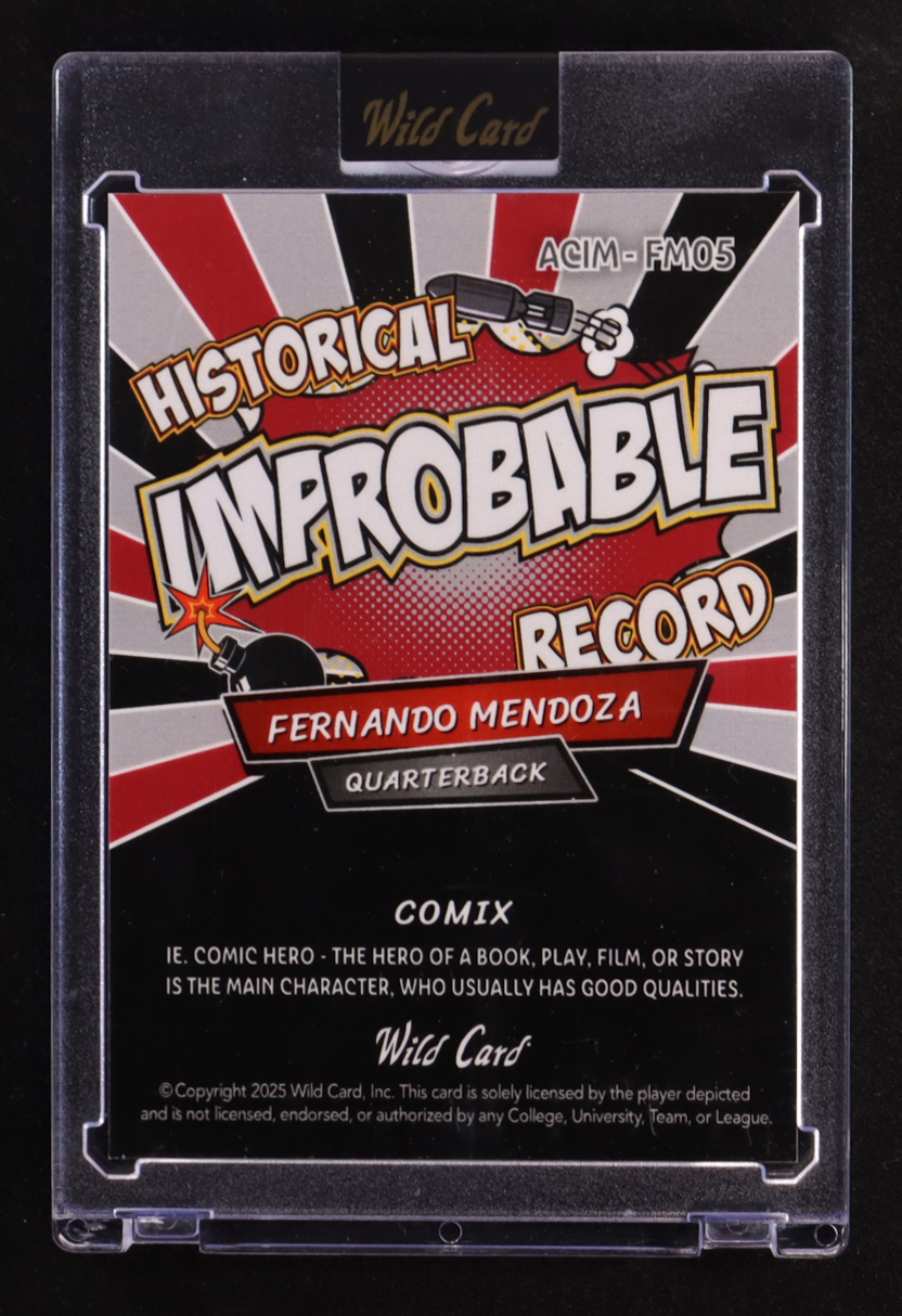 Fernando Mendoza 2025 Wild Card Alumination Comix Improbable Record Red and Black Silver Scope #ACBL-FM05 #1/1 RC at PristineAuction.com Fernando Mendoza 2025 Wild Card Alumination Comix Improbable Record Red and Black Silver Scope #ACBL-FM05 #1/1 RC at PristineAuction.com