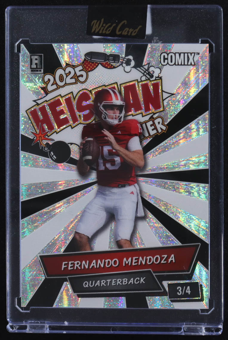 Fernando Mendoza 2025 Wild Card Comix 2025 Heisman Winner Black and White Shimmer #ACHOFM06 RC #3/4 at PristineAuction.com Fernando Mendoza 2025 Wild Card Comix 2025 Heisman Winner Black and White Shimmer #ACHOFM06 RC #3/4 at PristineAuction.com