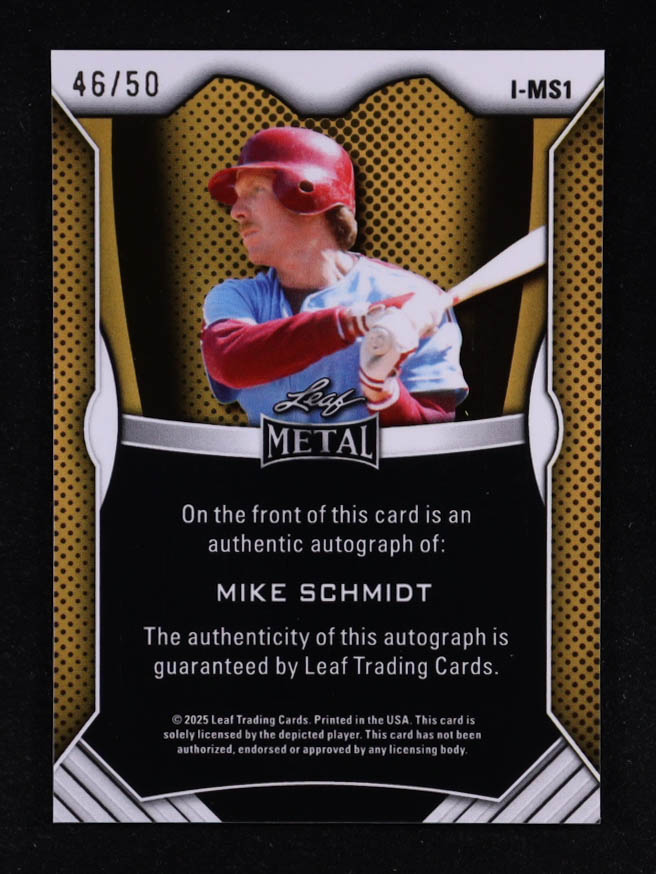 Mike Schmidt 2025 Leaf Metal Inscriptions Prismatic Pink #IMS1 #46/50 at PristineAuction.com Mike Schmidt 2025 Leaf Metal Inscriptions Prismatic Pink #IMS1 #46/50 at PristineAuction.com