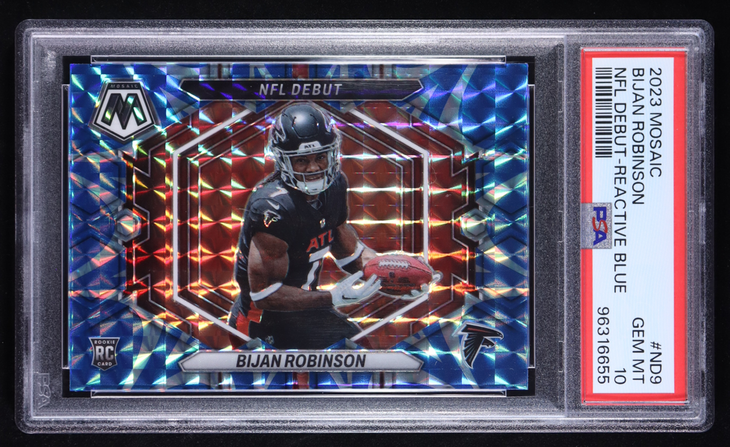 Bijan Robinson 2023 Panini Mosaic NFL Debut Mosaic Reactive Blue #9 RC (PSA 10) at PristineAuction.com Bijan Robinson 2023 Panini Mosaic NFL Debut Mosaic Reactive Blue #9 RC (PSA 10) at PristineAuction.com