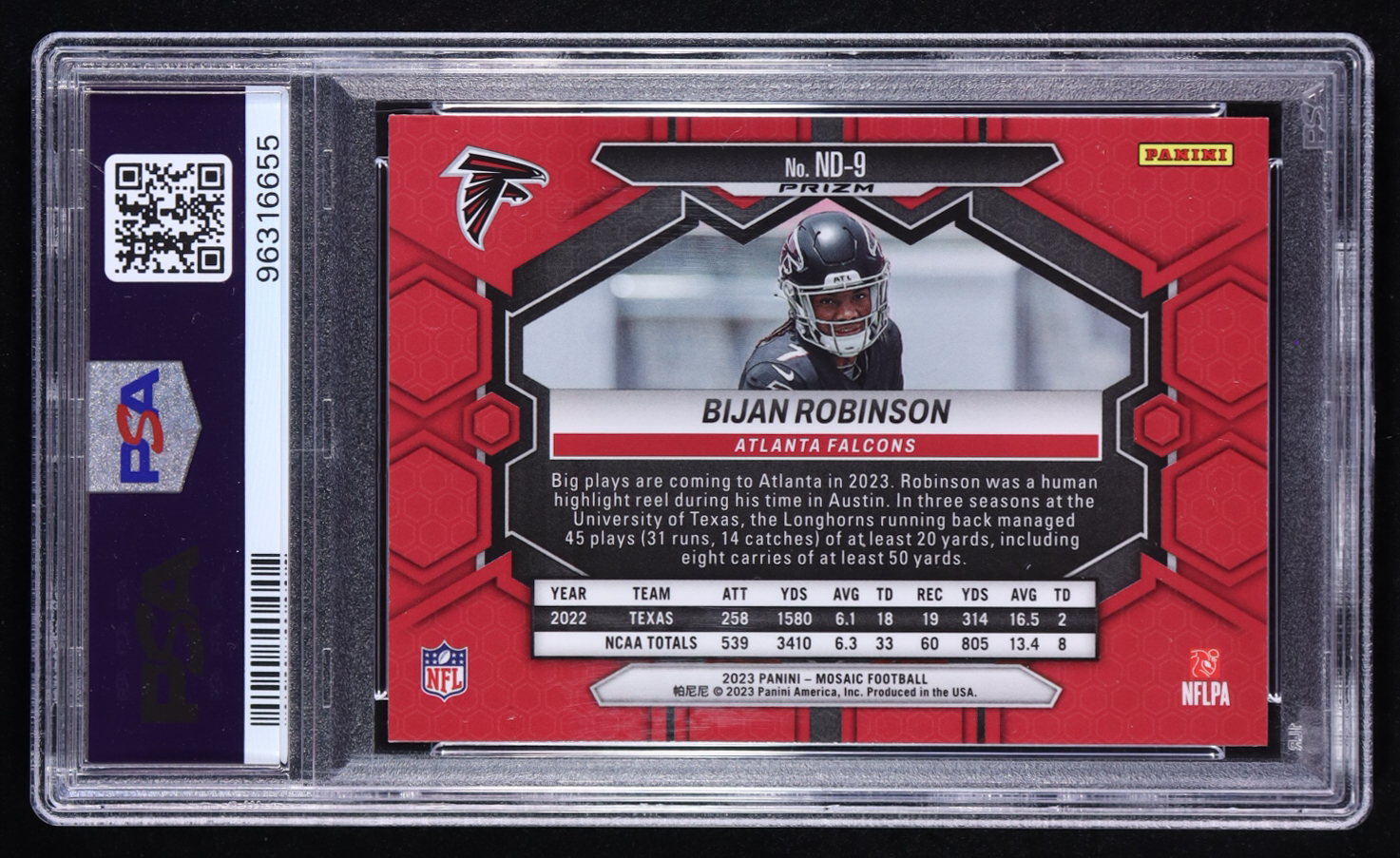 Bijan Robinson 2023 Panini Mosaic NFL Debut Mosaic Reactive Blue #9 RC (PSA 10) at PristineAuction.com Bijan Robinson 2023 Panini Mosaic NFL Debut Mosaic Reactive Blue #9 RC (PSA 10) at PristineAuction.com