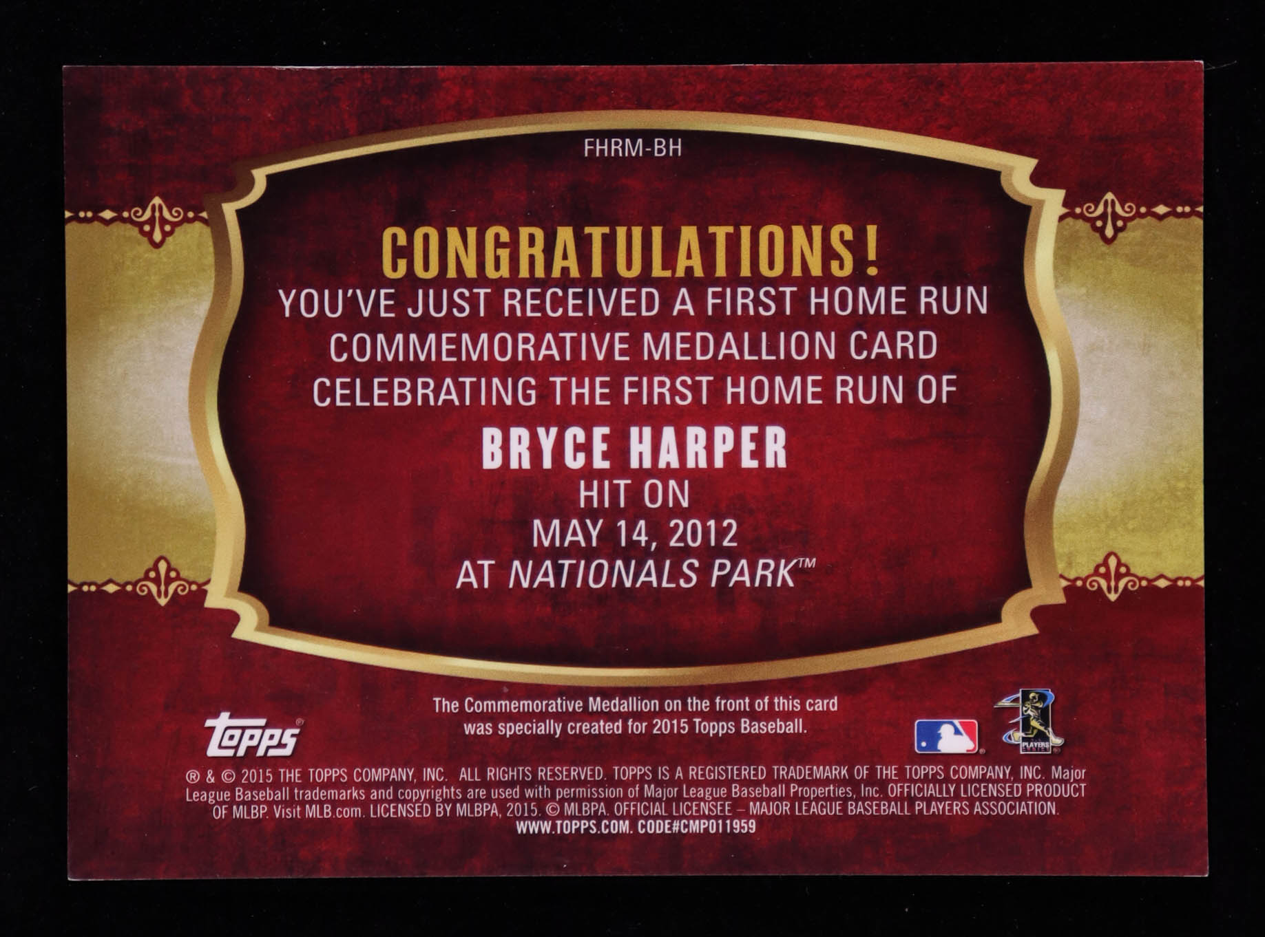 Bryce Harper 2015 Topps First Home Run Medallions #FHRMBH at PristineAuction.com Bryce Harper 2015 Topps First Home Run Medallions #FHRMBH at PristineAuction.com