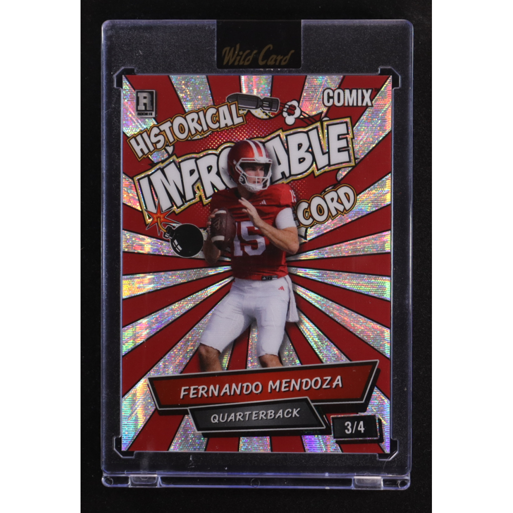 Fernando Mendoza 2025 Wild Card Alumination Comix Improbable Record Red and Silver Wave #ACBL-FM06 #3/4 RC at PristineAuction.com