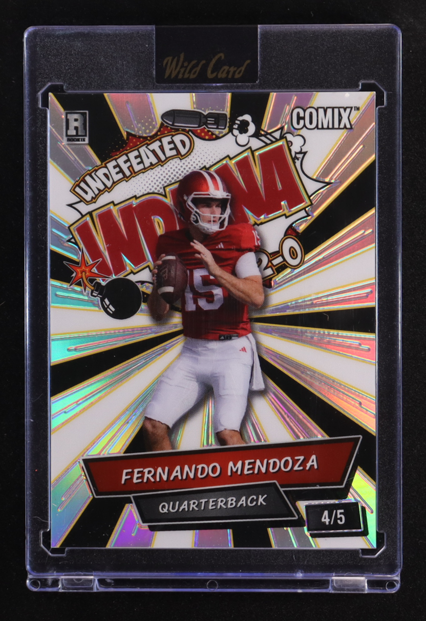 Fernando Mendoza 2025 Wild Card Alumination Comix Undefeated Indiana White and Black Silver Rainbow Foil #ACBL-FM06 #4/5 RC at PristineAuction.com Fernando Mendoza 2025 Wild Card Alumination Comix Undefeated Indiana White and Black Silver Rainbow Foil #ACBL-FM06 #4/5 RC at PristineAuction.com