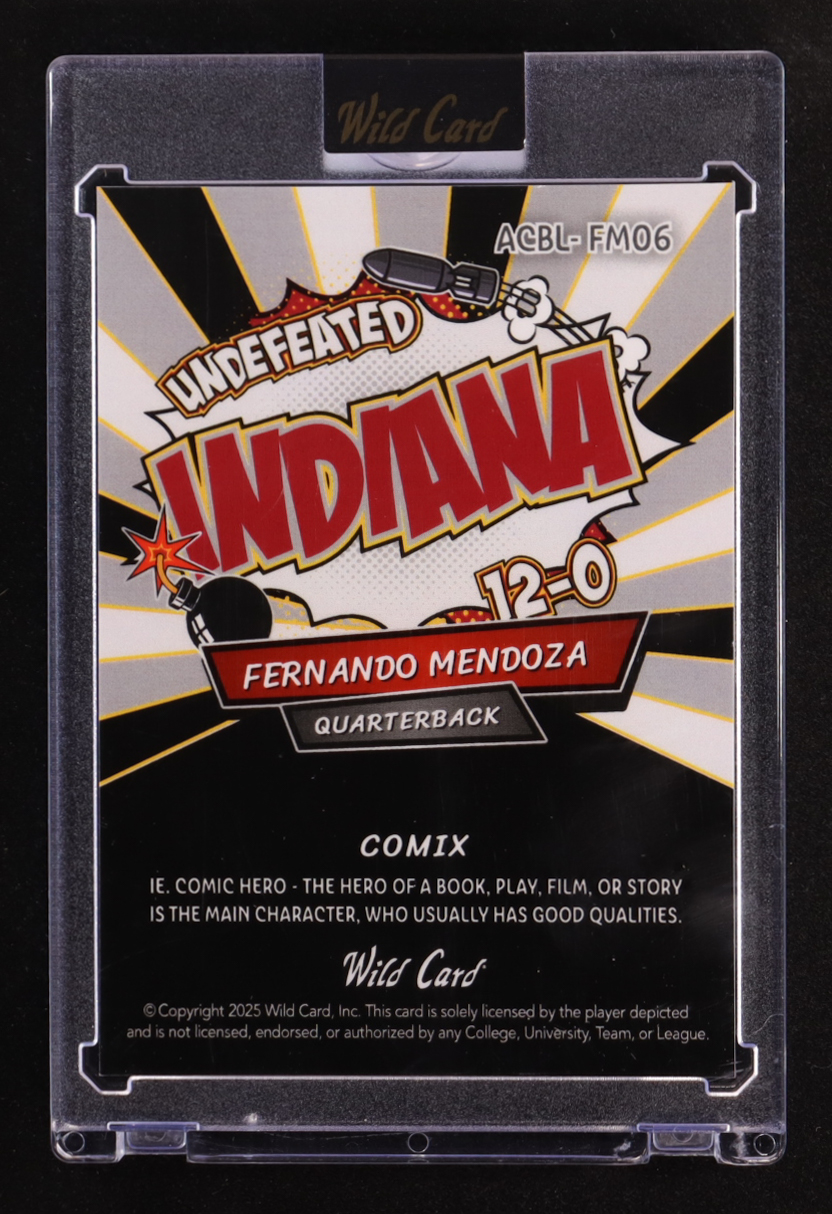 Fernando Mendoza 2025 Wild Card Alumination Comix Undefeated Indiana White and Black Silver Rainbow Foil #ACBL-FM06 #4/5 RC at PristineAuction.com Fernando Mendoza 2025 Wild Card Alumination Comix Undefeated Indiana White and Black Silver Rainbow Foil #ACBL-FM06 #4/5 RC at PristineAuction.com