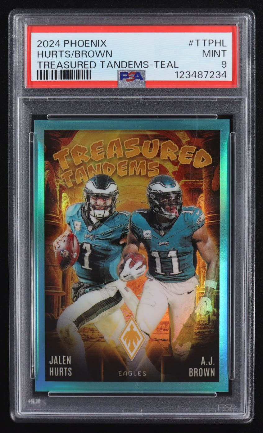 Jalen Hurts / A.J. Brown 2024 Panini Phoenix Treasured Tandems Teal #4 #15/40 (PSA 9) at PristineAuction.com Jalen Hurts / A.J. Brown 2024 Panini Phoenix Treasured Tandems Teal #4 #15/40 (PSA 9) at PristineAuction.com