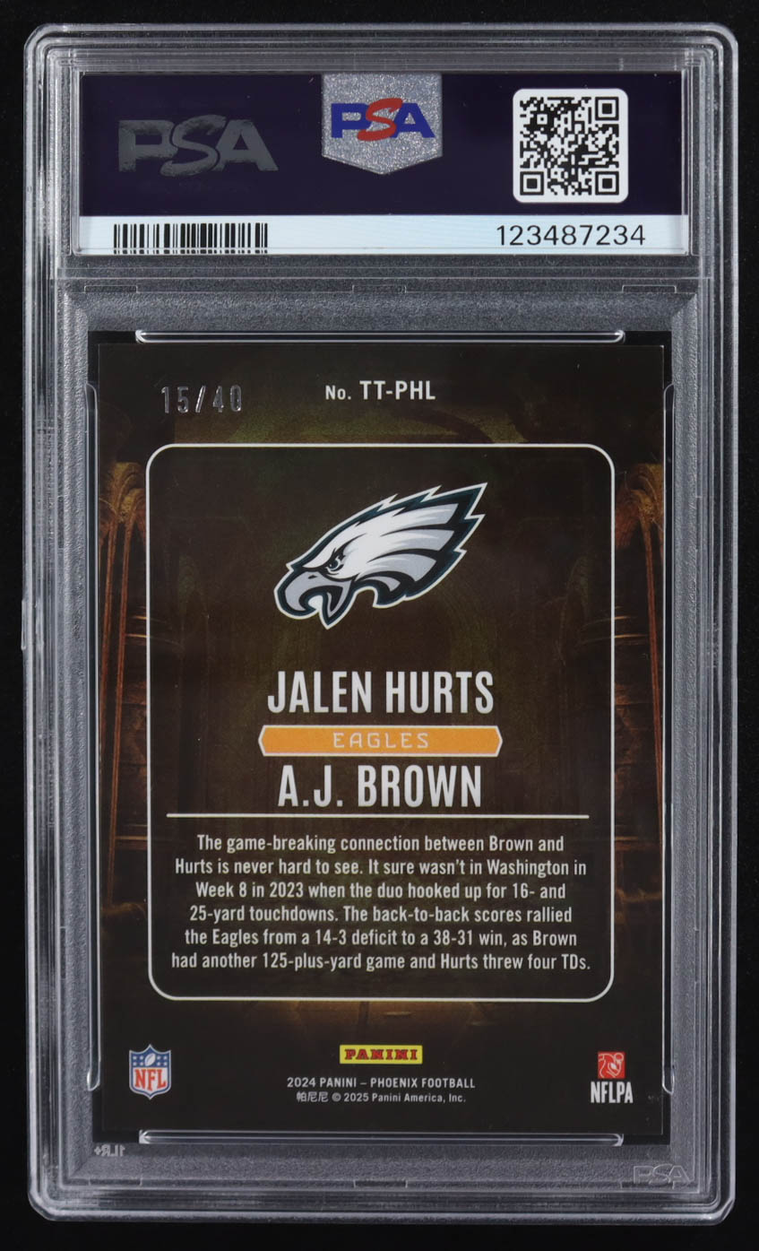 Jalen Hurts / A.J. Brown 2024 Panini Phoenix Treasured Tandems Teal #4 #15/40 (PSA 9) at PristineAuction.com Jalen Hurts / A.J. Brown 2024 Panini Phoenix Treasured Tandems Teal #4 #15/40 (PSA 9) at PristineAuction.com