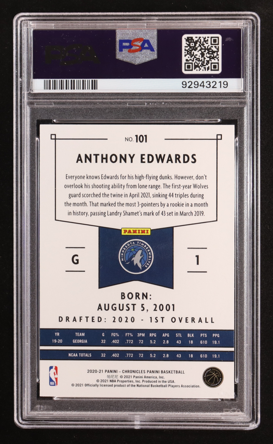Anthony Edwards 2020-21 Panini Chronicles Panini #101 RC (PSA 8) at PristineAuction.com Anthony Edwards 2020-21 Panini Chronicles Panini #101 RC (PSA 8) at PristineAuction.com