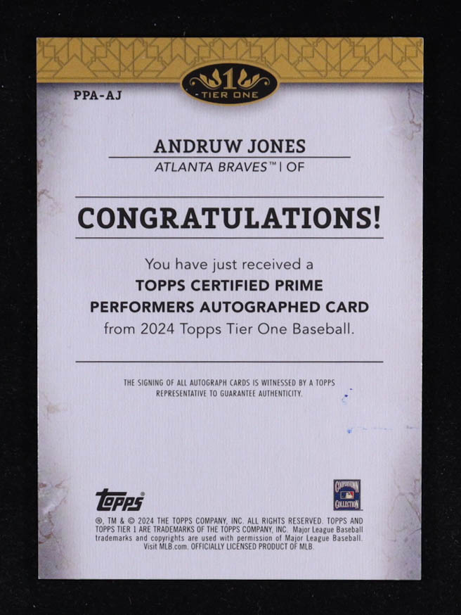 Andruw Jones 2024 Topps Tier One Prime Performers Autographs #PPAAJ #050/199 at PristineAuction.com Andruw Jones 2024 Topps Tier One Prime Performers Autographs #PPAAJ #050/199 at PristineAuction.com