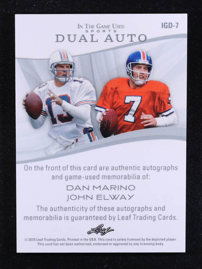 Dan Marino / John Elway 2025 Leaf ITG Used Sports Dual Autograph Memorabilia Platinum #IGD7 #1/7 at PristineAuction.com Dan Marino / John Elway 2025 Leaf ITG Used Sports Dual Autograph Memorabilia Platinum #IGD7 #1/7 at PristineAuction.com