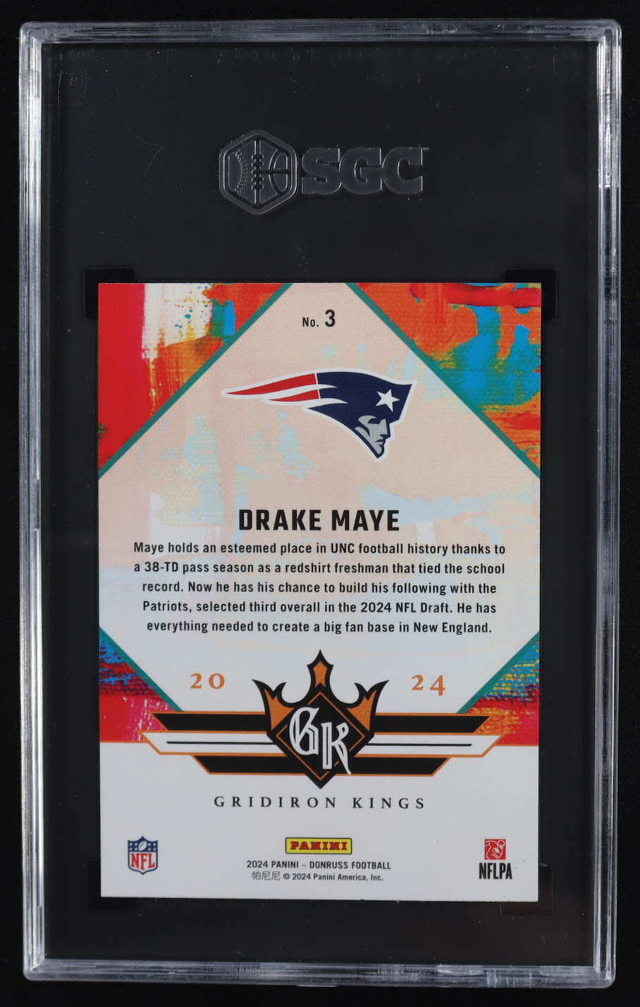 Drake Maye 2024 Donruss Rookie Gridiron Kings #3 RC (SGC 10) at PristineAuction.com Drake Maye 2024 Donruss Rookie Gridiron Kings #3 RC (SGC 10) at PristineAuction.com