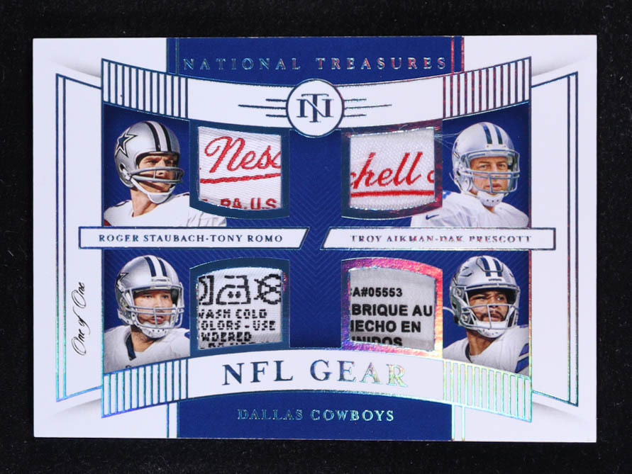 Dak Prescott / Tony Romo / Roger Staubach / Troy Aikman 2019 Panini National Treasures NFL Gear Quad Materials Laundry Tag Brand Logo #20 #1/1 at PristineAuction.com Dak Prescott / Tony Romo / Roger Staubach / Troy Aikman 2019 Panini National Treasures NFL Gear Quad Materials Laundry Tag Brand Logo #20 #1/1 at PristineAuction.com