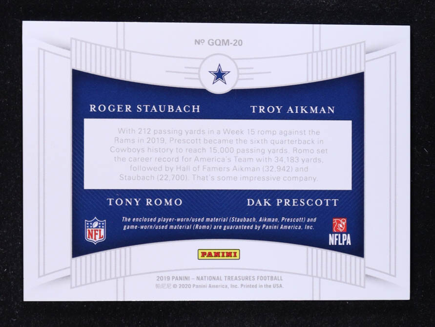 Dak Prescott / Tony Romo / Roger Staubach / Troy Aikman 2019 Panini National Treasures NFL Gear Quad Materials Laundry Tag Brand Logo #20 #1/1 at PristineAuction.com Dak Prescott / Tony Romo / Roger Staubach / Troy Aikman 2019 Panini National Treasures NFL Gear Quad Materials Laundry Tag Brand Logo #20 #1/1 at PristineAuction.com