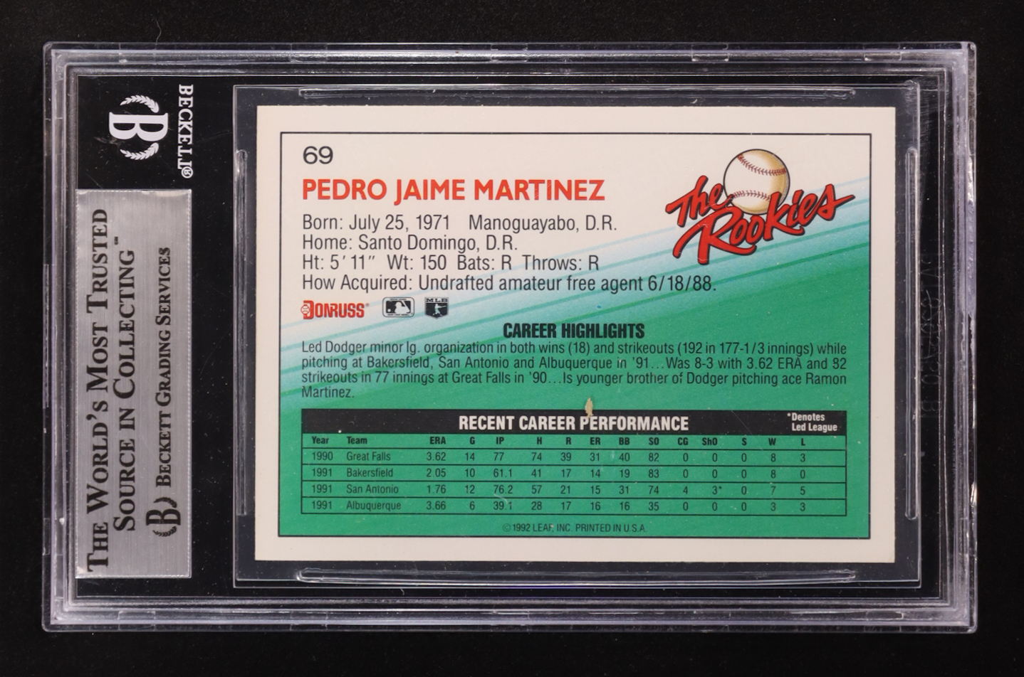 Pedro Martinez 1992 Donruss Rookies #69 RC (BGS 9) at PristineAuction.com Pedro Martinez 1992 Donruss Rookies #69 RC (BGS 9) at PristineAuction.com