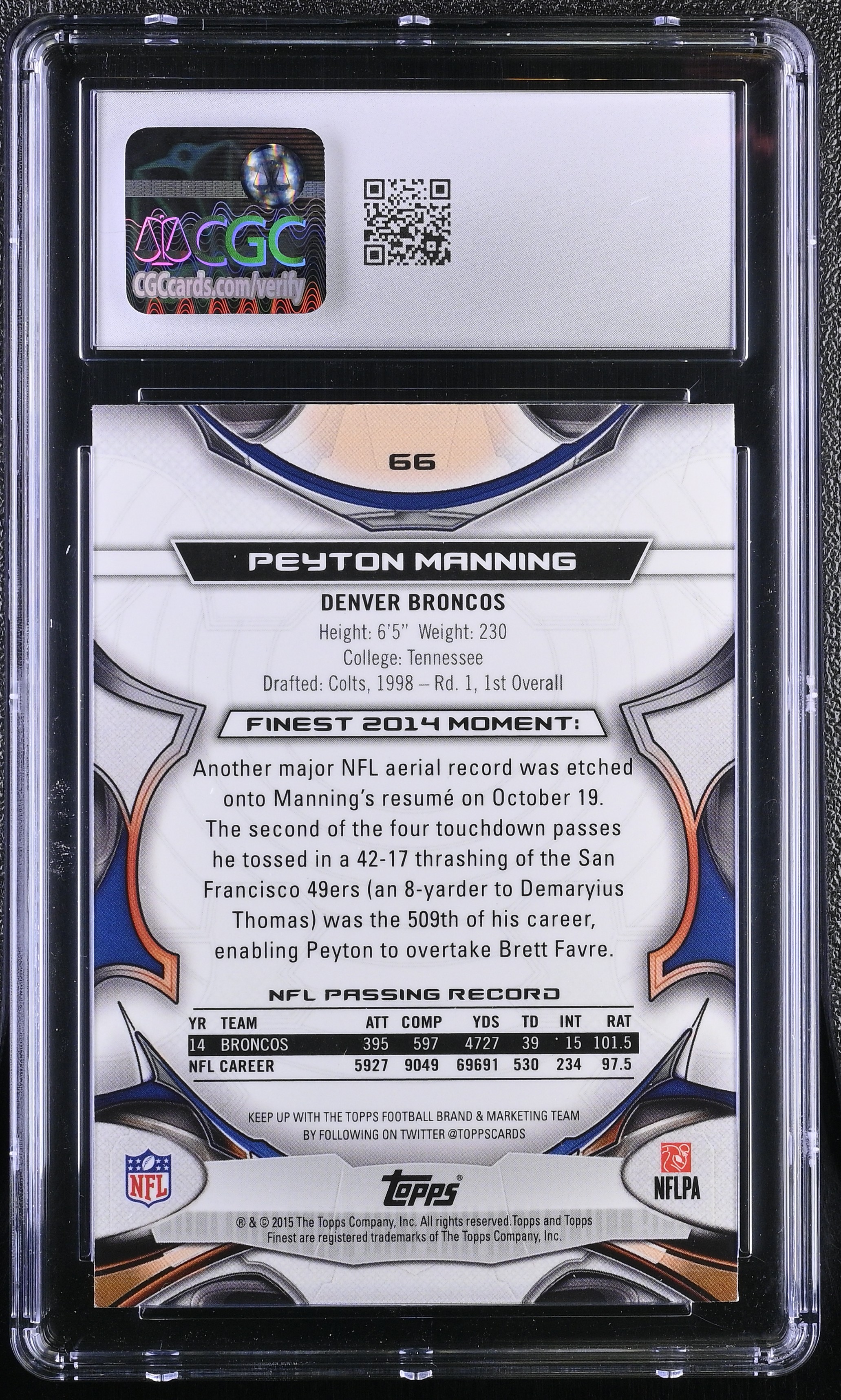 Peyton Manning 2015 Topps Finest X-Fractor #66 (CGC 8.5) at PristineAuction.com Peyton Manning 2015 Topps Finest X-Fractor #66 (CGC 8.5) at PristineAuction.com