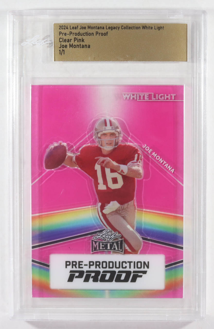 Joe Montana 2024 Leaf Joe Montana Legacy White Light Pre-Production Proof Clear Pink #NNO #1/1 (Leaf) at PristineAuction.com Joe Montana 2024 Leaf Joe Montana Legacy White Light Pre-Production Proof Clear Pink #NNO #1/1 (Leaf) at PristineAuction.com