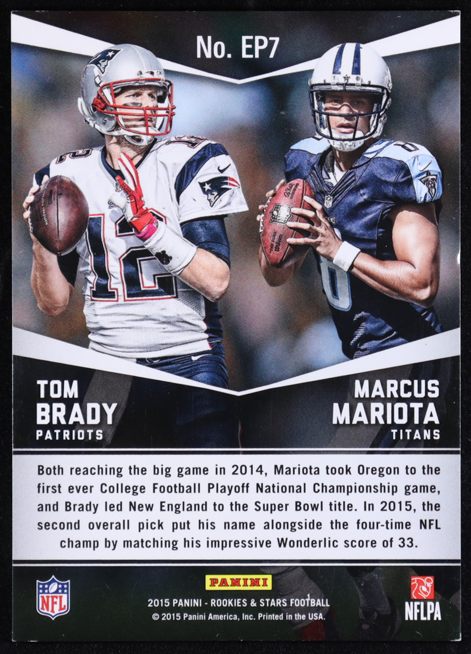 Marcus Mariota (RC) / Tom Brady 2015 Rookies and Stars Embroidered Patches #7 at PristineAuction.com Marcus Mariota (RC) / Tom Brady 2015 Rookies and Stars Embroidered Patches #7 at PristineAuction.com