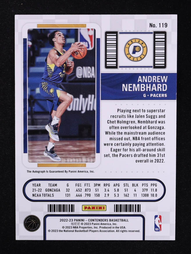 Andrew Nembhard 2022-23 Panini Contenders #119 RC at PristineAuction.com Andrew Nembhard 2022-23 Panini Contenders #119 RC at PristineAuction.com