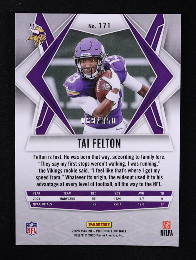 Tai Felton 2025 Panini Phoenix FireBurst #171 RC #69/350 at PristineAuction.com Tai Felton 2025 Panini Phoenix FireBurst #171 RC #69/350 at PristineAuction.com