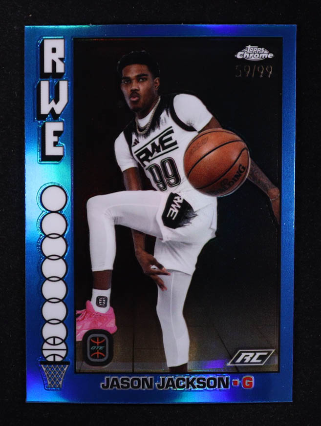 Jason Jackson 2023-24 Topps Chrome Overtime Elite '76 Topps Blue Refractors #TB8 RC #59/99 at PristineAuction.com Jason Jackson 2023-24 Topps Chrome Overtime Elite '76 Topps Blue Refractors #TB8 RC #59/99 at PristineAuction.com