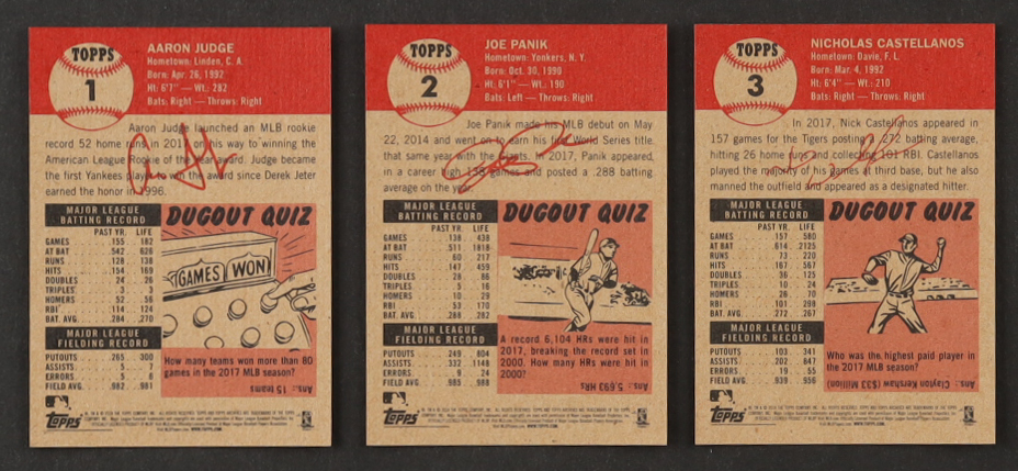 2018 Topps Baseball Living Set with Aaron Judge #1, Joe Panik #2, Nick Castellanos #3 at PristineAuction.com 2018 Topps Baseball Living Set with Aaron Judge #1, Joe Panik #2, Nick Castellanos #3 at PristineAuction.com