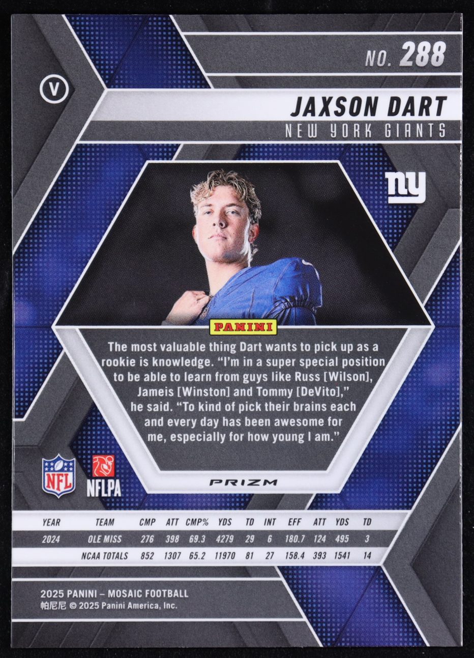 Jaxson Dart 2025 Panini Mosaic Mosaic #288 VAR RC at PristineAuction.com Jaxson Dart 2025 Panini Mosaic Mosaic #288 VAR RC at PristineAuction.com