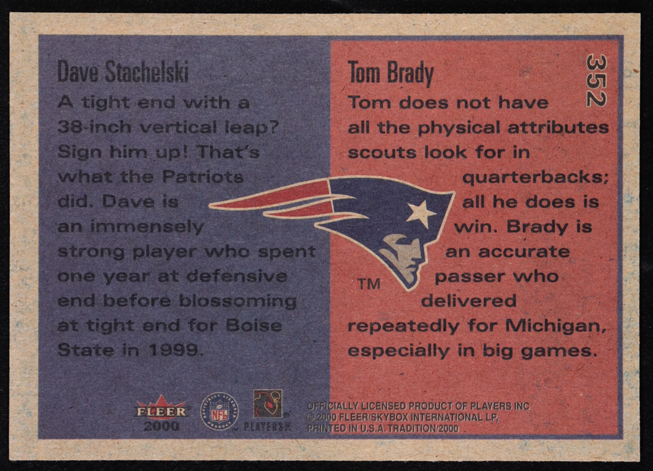 Tom Brady / Dave Stachelski 2000 Fleer Tradition #352 RC at PristineAuction.com Tom Brady / Dave Stachelski 2000 Fleer Tradition #352 RC at PristineAuction.com