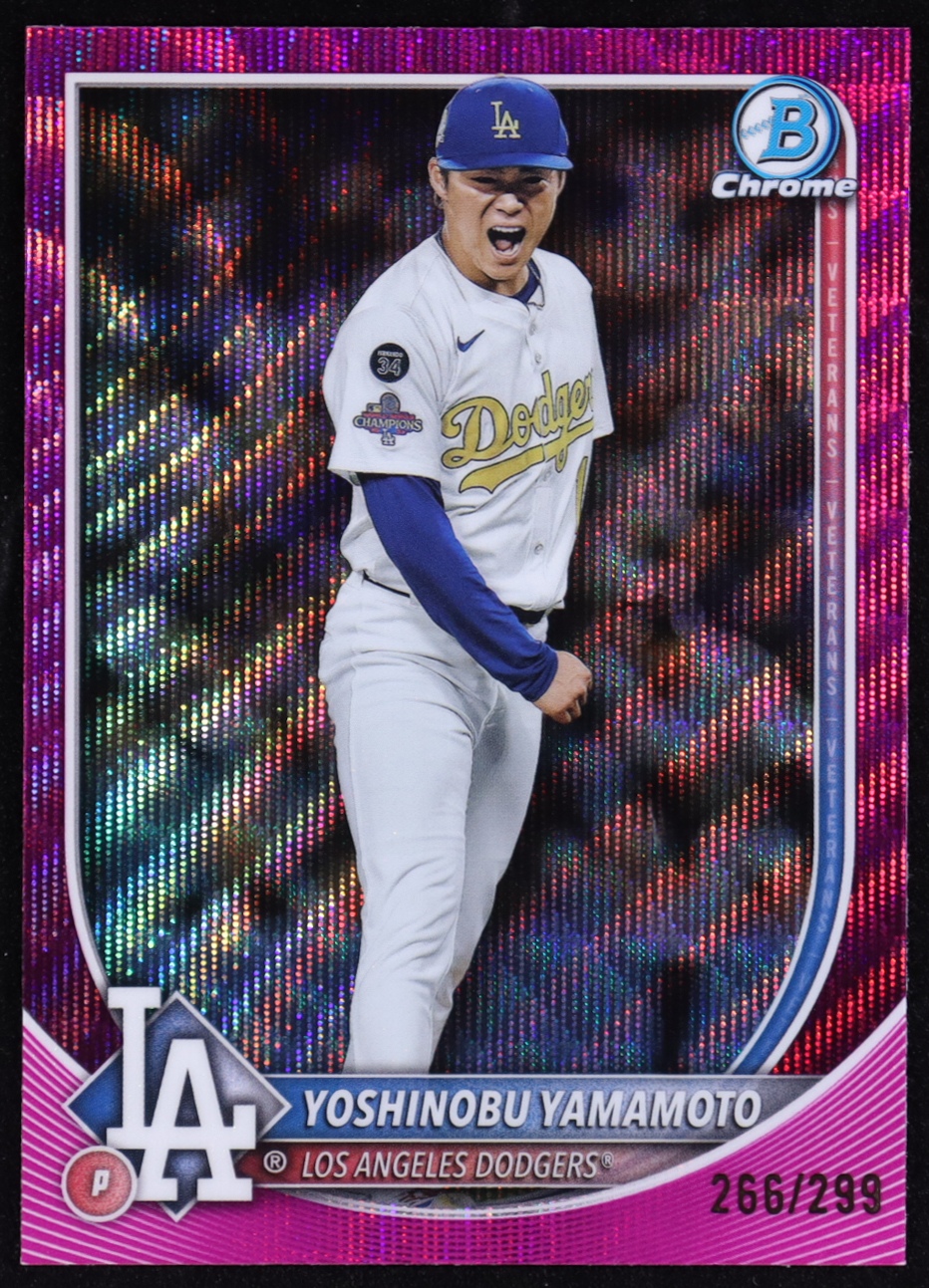 Yoshinobu Yamamoto 2025 Bowman Chrome Fuchsia Wave Refractors #76 #266/299 at PristineAuction.com Yoshinobu Yamamoto 2025 Bowman Chrome Fuchsia Wave Refractors #76 #266/299 at PristineAuction.com