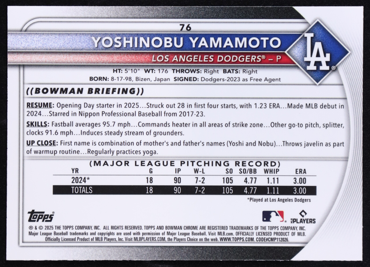 Yoshinobu Yamamoto 2025 Bowman Chrome Fuchsia Wave Refractors #76 #266/299 at PristineAuction.com Yoshinobu Yamamoto 2025 Bowman Chrome Fuchsia Wave Refractors #76 #266/299 at PristineAuction.com