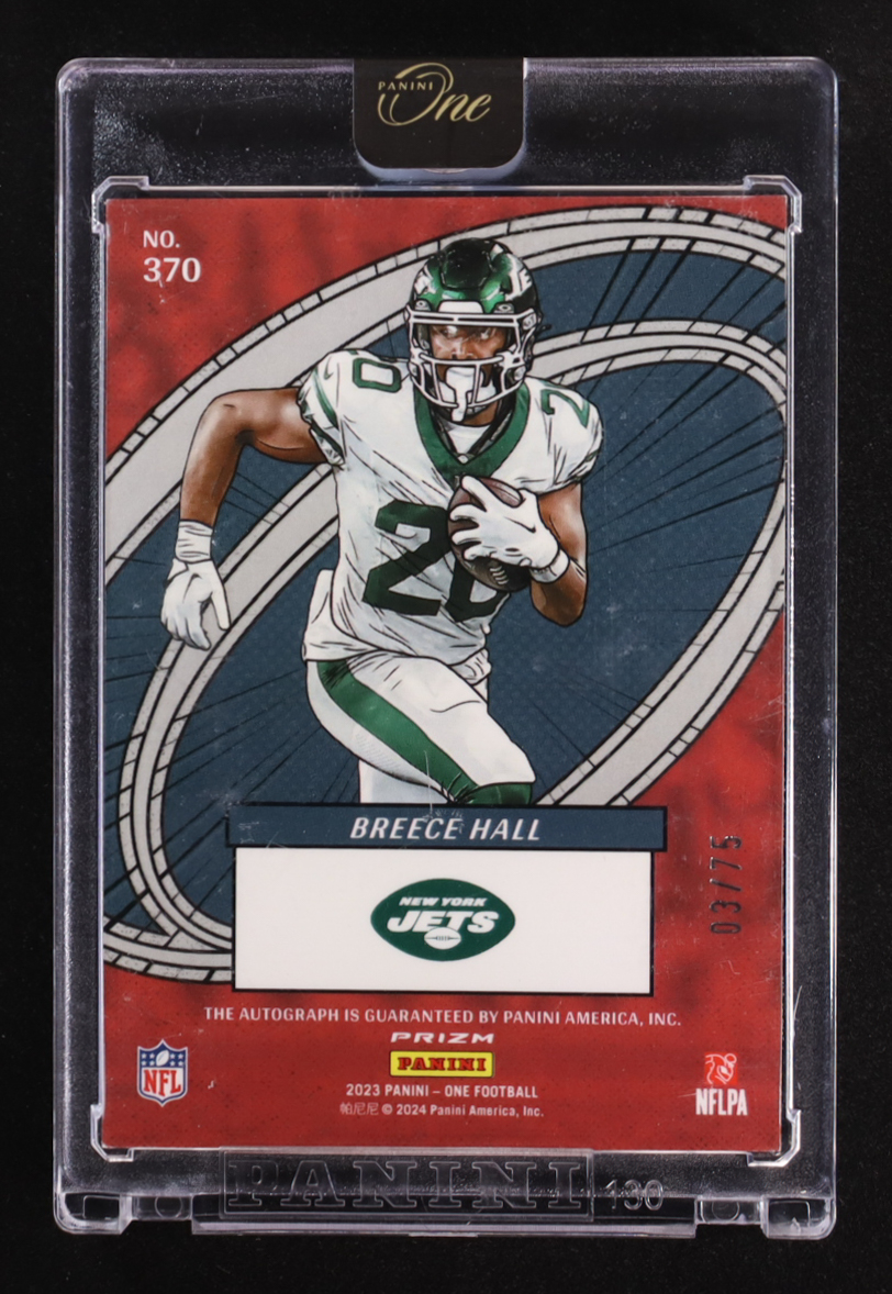 Breece Hall 2023 Panini One The Oneders Red Prizm Autographs #370 #03/75 at PristineAuction.com Breece Hall 2023 Panini One The Oneders Red Prizm Autographs #370 #03/75 at PristineAuction.com