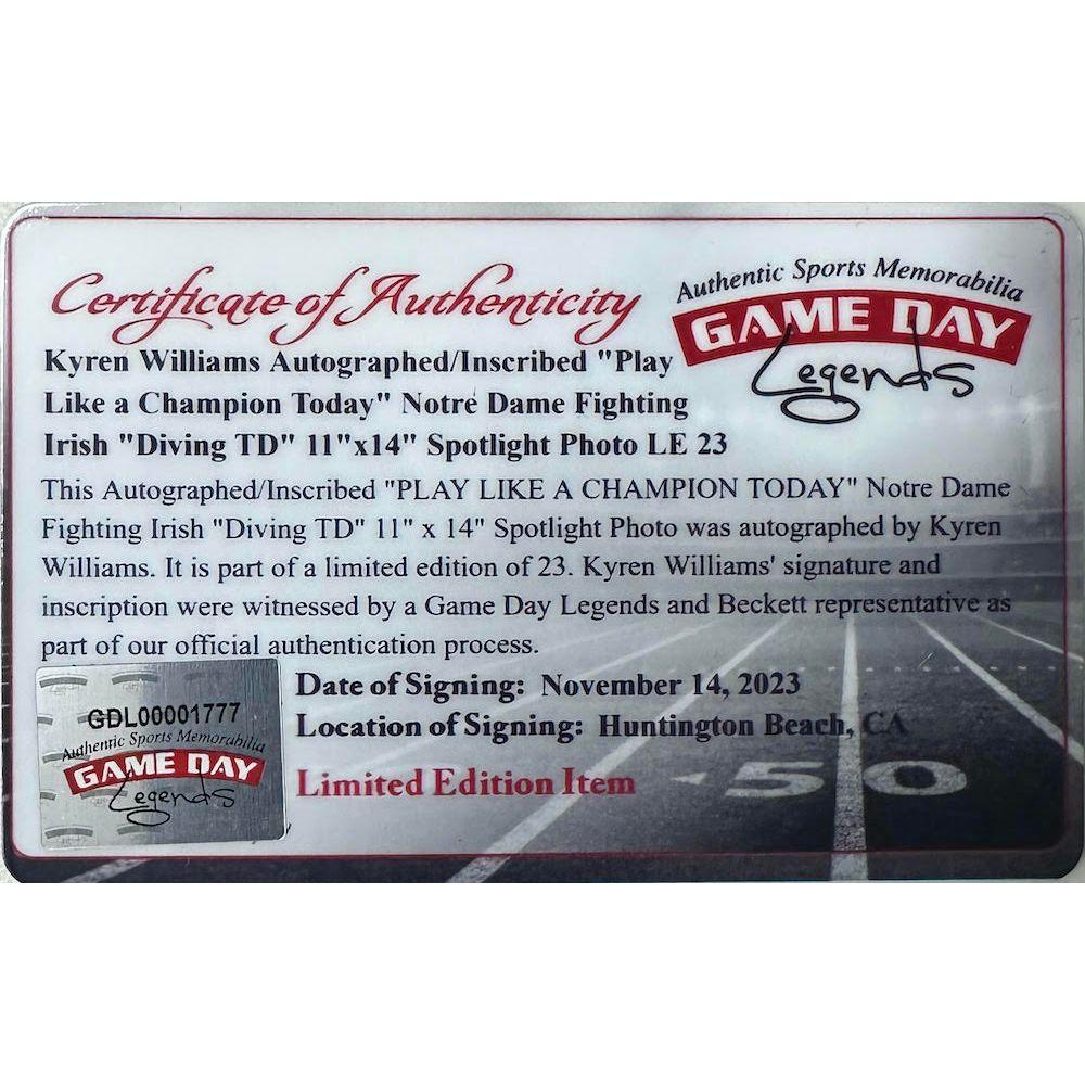 Kyren Williams Signed LE Notre Dame Fighting Irish 16x20 Photo Inscribed "Play Like A Champion Today!" (Beckett) at PristineAuction.com Kyren Williams Signed LE Notre Dame Fighting Irish 16x20 Photo Inscribed "Play Like A Champion Today!" (Beckett) at PristineAuction.com