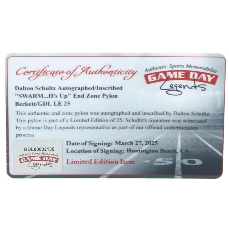 Dalton Schultz Signed LE End Zone Pylon Inscribed "Swarm H's Up!" (Beckett) at PristineAuction.com Dalton Schultz Signed LE End Zone Pylon Inscribed "Swarm H's Up!" (Beckett) at PristineAuction.com