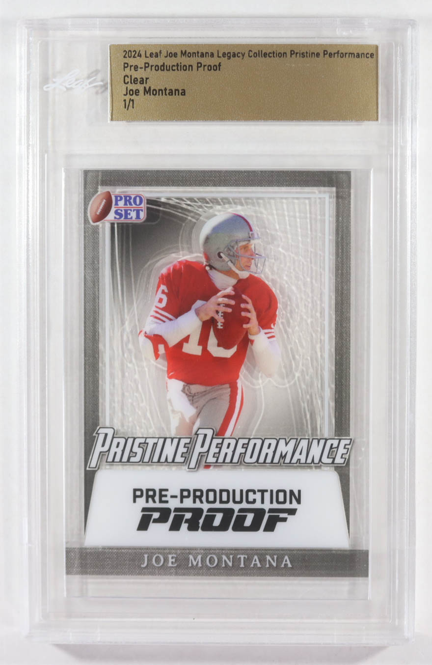 Joe Montana 2024 Leaf Joe Montana Legacy Pristine Performance Pre-Production Proof Clear #NNO #1/1 (Leaf) at PristineAuction.com Joe Montana 2024 Leaf Joe Montana Legacy Pristine Performance Pre-Production Proof Clear #NNO #1/1 (Leaf) at PristineAuction.com