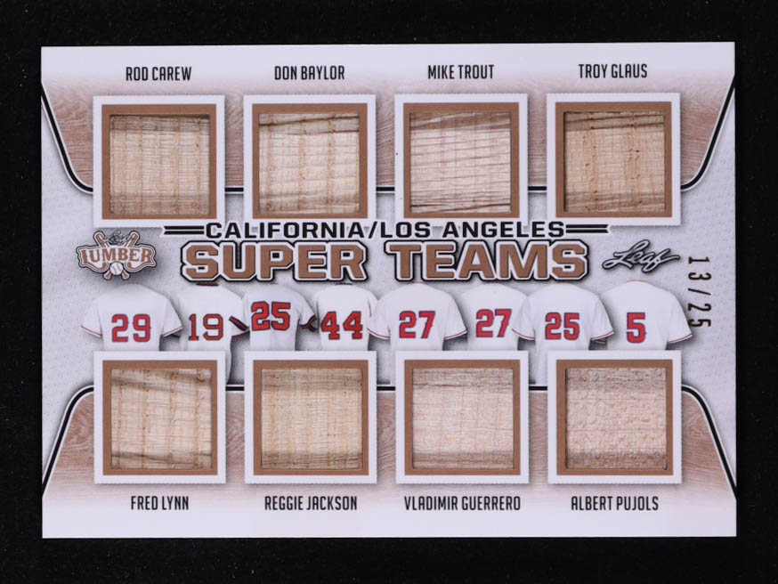 Rod Carew / Fred Lynn / Don Baylor / Reggie Jackson / Mike Trout / Vladimir Guerrero / Troy Glaus / Albert Pujols 2021 Leaf Lumber Super Teams #ST14 #13/25 at PristineAuction.com Rod Carew / Fred Lynn / Don Baylor / Reggie Jackson / Mike Trout / Vladimir Guerrero / Troy Glaus / Albert Pujols 2021 Leaf Lumber Super Teams #ST14 #13/25 at PristineAuction.com