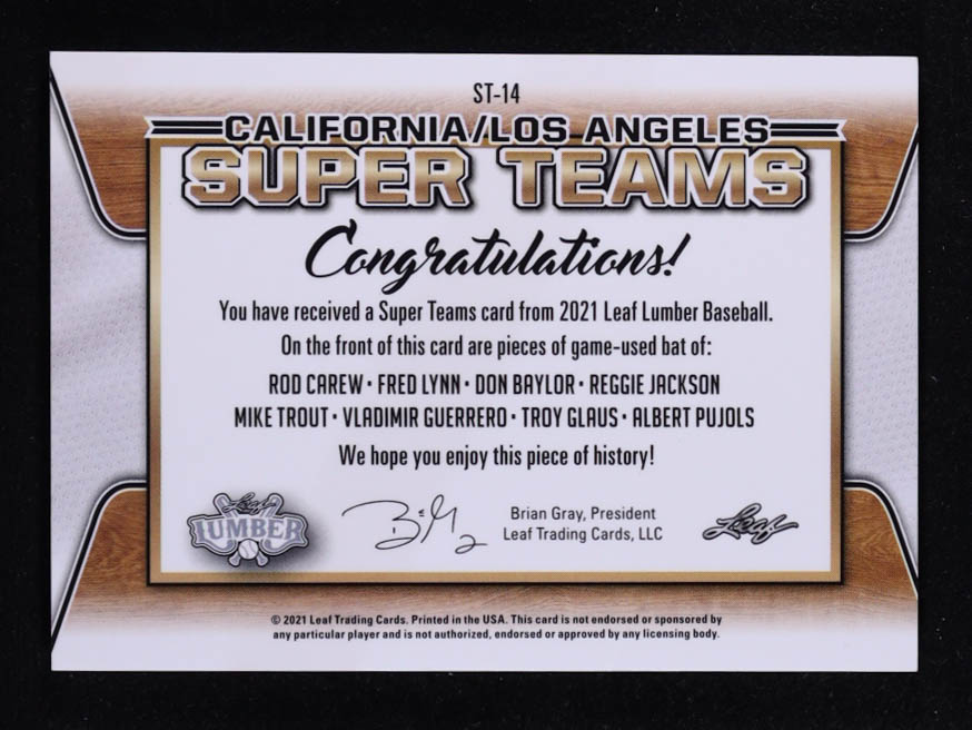 Rod Carew / Fred Lynn / Don Baylor / Reggie Jackson / Mike Trout / Vladimir Guerrero / Troy Glaus / Albert Pujols 2021 Leaf Lumber Super Teams #ST14 #13/25 at PristineAuction.com Rod Carew / Fred Lynn / Don Baylor / Reggie Jackson / Mike Trout / Vladimir Guerrero / Troy Glaus / Albert Pujols 2021 Leaf Lumber Super Teams #ST14 #13/25 at PristineAuction.com