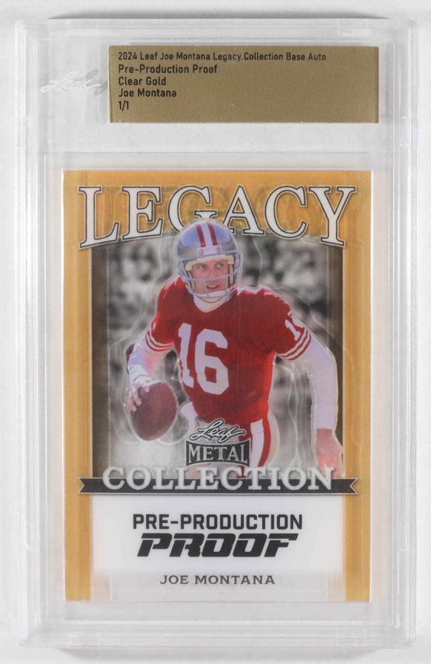 Joe Montana 2024 Leaf Joe Montana Legacy Base Auto Pre-Production Proof Clear Gold #NNO #1/1 (Leaf) at PristineAuction.com Joe Montana 2024 Leaf Joe Montana Legacy Base Auto Pre-Production Proof Clear Gold #NNO #1/1 (Leaf) at PristineAuction.com