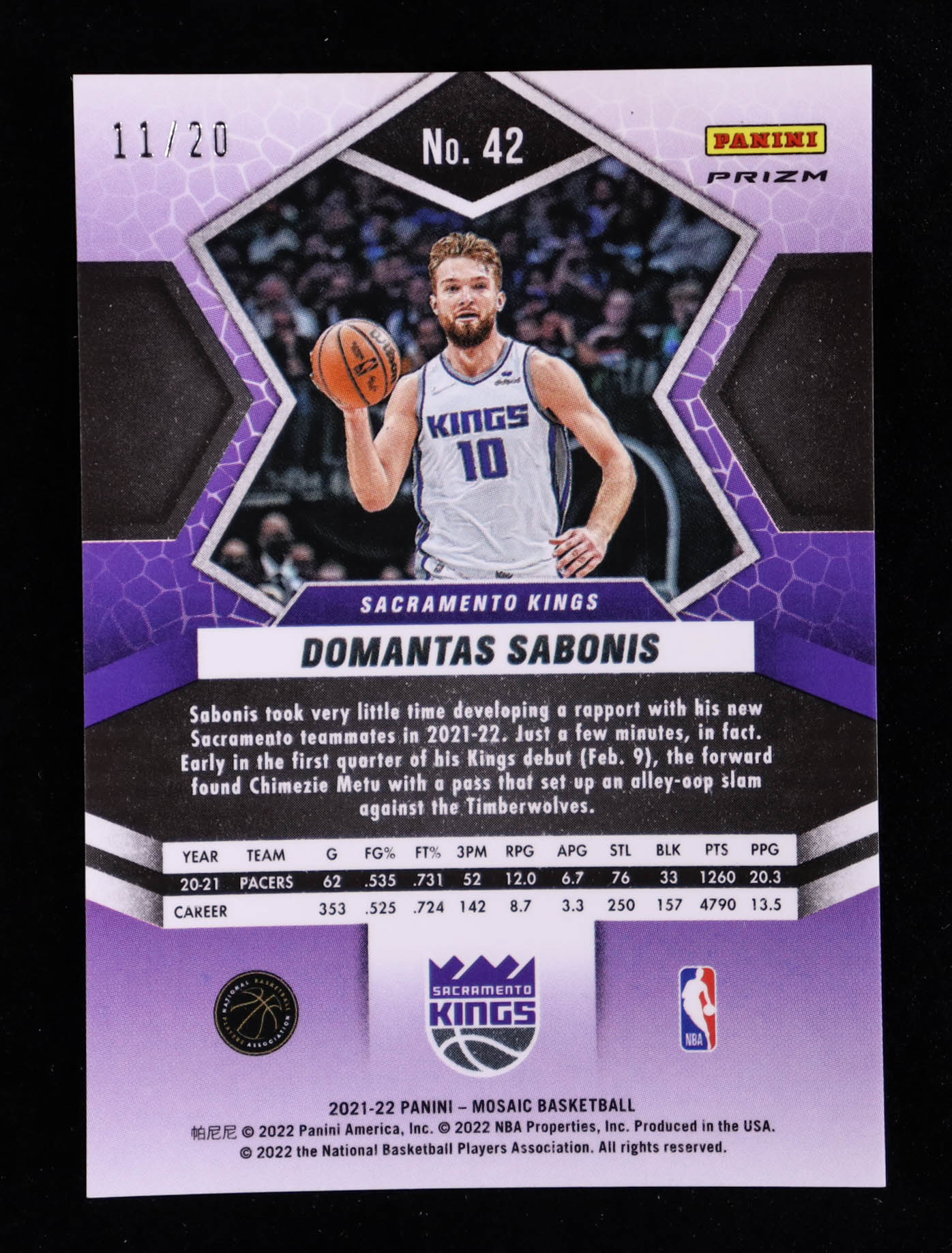 Domantas Sabonis 2021-22 Panini Mosaic Mosaic Fast Break Pink #42 #11/20 at PristineAuction.com Domantas Sabonis 2021-22 Panini Mosaic Mosaic Fast Break Pink #42 #11/20 at PristineAuction.com