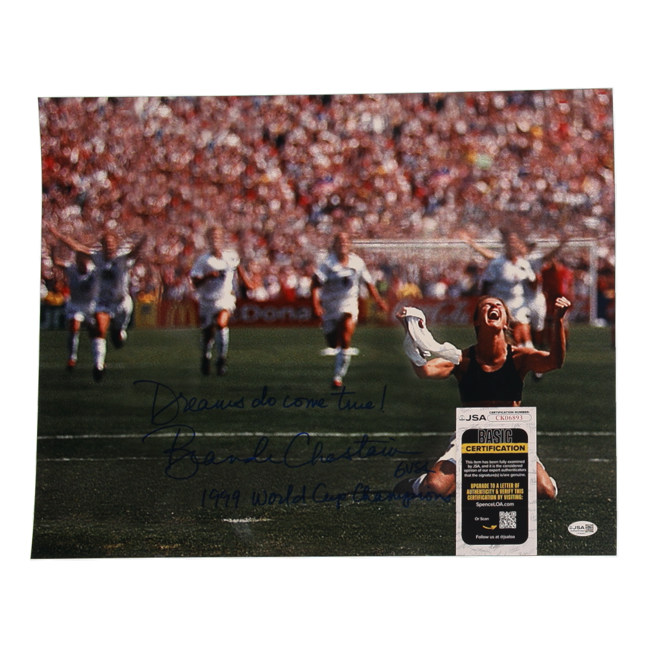 Brandi Chastain Signed 16x20 Photo Inscribed "1999 World Cup Champions" & "Dreams Do Come True!" (JSA) at PristineAuction.com Brandi Chastain Signed 16x20 Photo Inscribed "1999 World Cup Champions" & "Dreams Do Come True!" (JSA) at PristineAuction.com