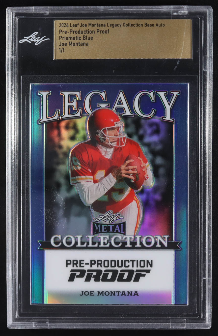 Joe Montana 2024 Leaf Joe Montana Legacy Base Auto Pre-Production Proof Prismatic Blue #NNO #1/1 (Leaf) at PristineAuction.com Joe Montana 2024 Leaf Joe Montana Legacy Base Auto Pre-Production Proof Prismatic Blue #NNO #1/1 (Leaf) at PristineAuction.com