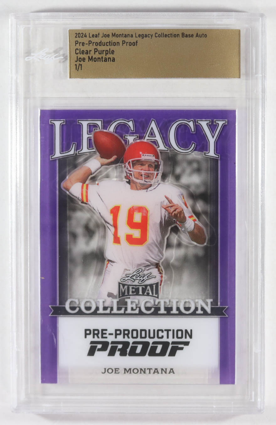 Joe Montana 2024 Leaf Joe Montana Legacy Base Auto Pre-Production Proof Clear Purple #NNO #1/1 (Leaf) at PristineAuction.com Joe Montana 2024 Leaf Joe Montana Legacy Base Auto Pre-Production Proof Clear Purple #NNO #1/1 (Leaf) at PristineAuction.com