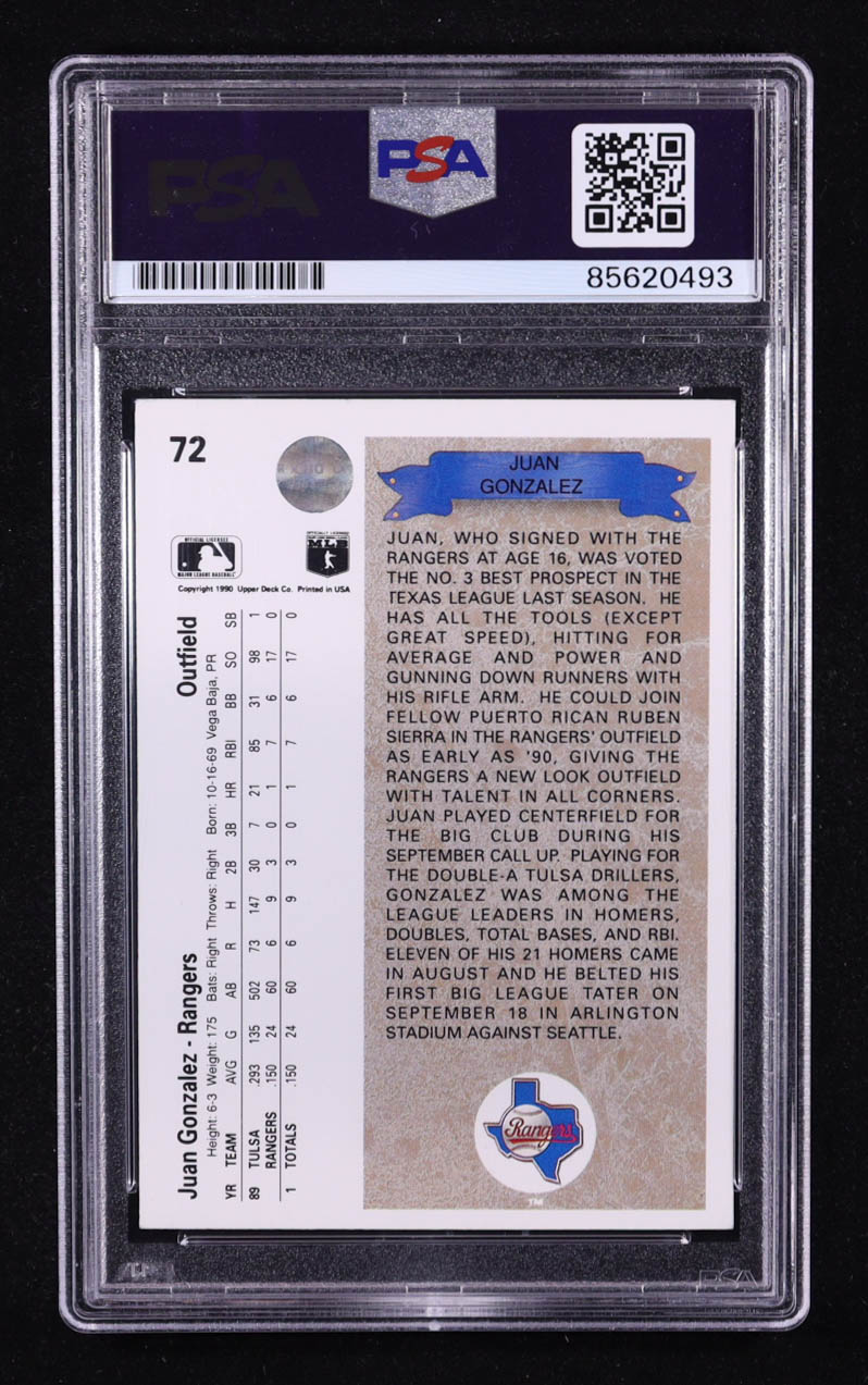 Juan Gonzalez Signed 1990 Upper Deck #72 RC (PSA) at PristineAuction.com Juan Gonzalez Signed 1990 Upper Deck #72 RC (PSA) at PristineAuction.com