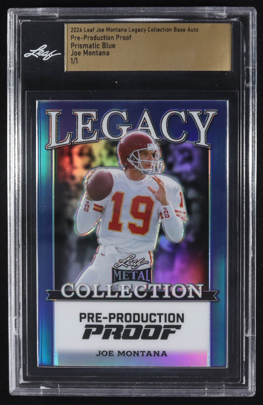 Joe Montana 2024 Leaf Joe Montana Legacy Base Auto Pre-Production Proof Prismatic Blue #NNO #1/1 (Leaf) at PristineAuction.com Joe Montana 2024 Leaf Joe Montana Legacy Base Auto Pre-Production Proof Prismatic Blue #NNO #1/1 (Leaf) at PristineAuction.com