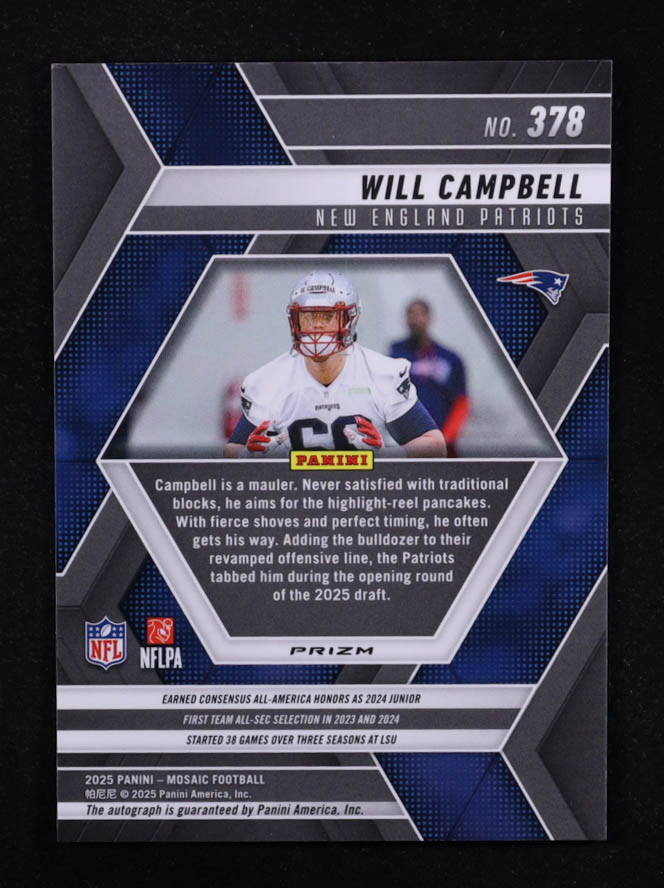 Will Campbell 2025 Panini Mosaic Rookie Autographs Mosaic #378 RC at PristineAuction.com Will Campbell 2025 Panini Mosaic Rookie Autographs Mosaic #378 RC at PristineAuction.com