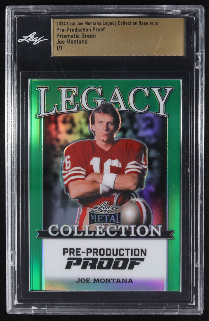 Joe Montana 2024 Leaf Joe Montana Legacy Base Auto Pre-Production Proof Prismatic Green #NNO #1/1 (Leaf) at PristineAuction.com Joe Montana 2024 Leaf Joe Montana Legacy Base Auto Pre-Production Proof Prismatic Green #NNO #1/1 (Leaf) at PristineAuction.com